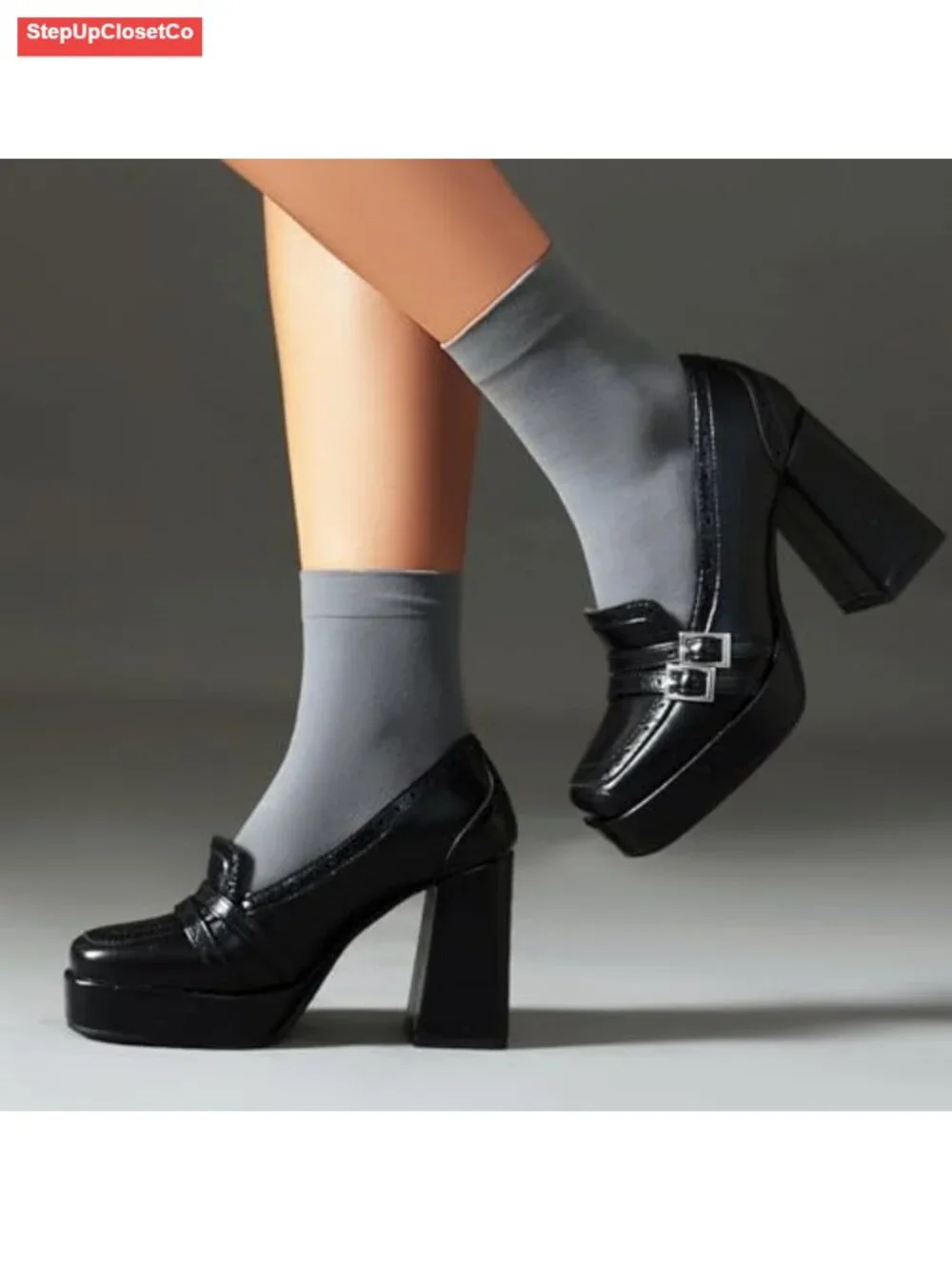 Retro Square Toe Chunky High Heel Brogue Loafers Comfortable Slip On Platform